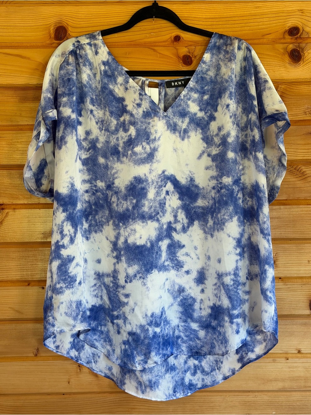 DKNY Blue and White Tie-Dye V-Neck Blouse